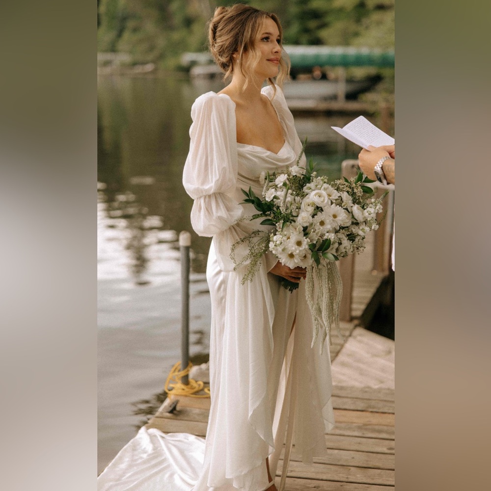 NWT For Love & Lemons Willow Draped Satin Silk Bridal Gown in White Size L